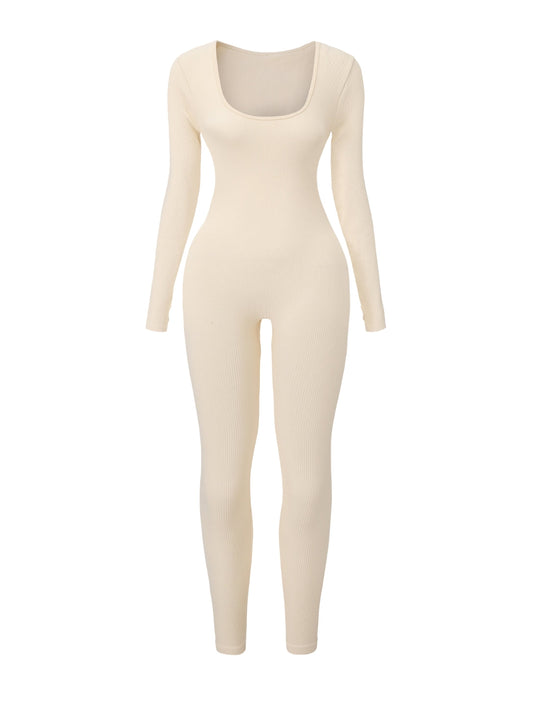 Ribbed Square Neck Jumpsuit - HeyShape
