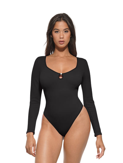 Hollow Scoop Neck Thong Bodysuit - HeyShape