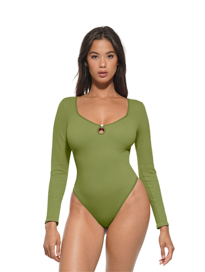 Hollow Scoop Neck Thong Bodysuit - HeyShape