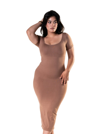 Bodycon Shapewear Midi Slit Dress with Short Sleeves - HeyShape