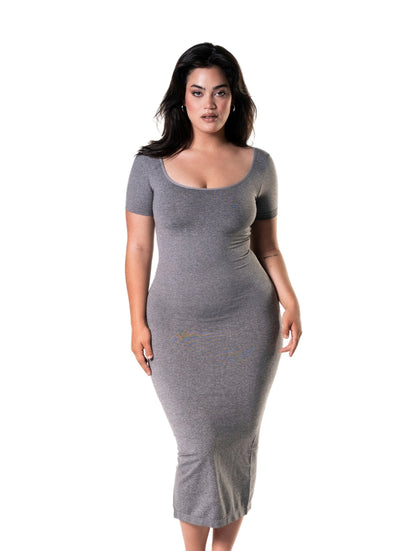Bodycon Shapewear Midi Slit Dress with Short Sleeves - HeyShape
