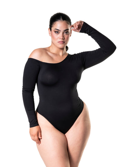 One Shoulder Long Sleeve Thong Bodysuit - HeyShape