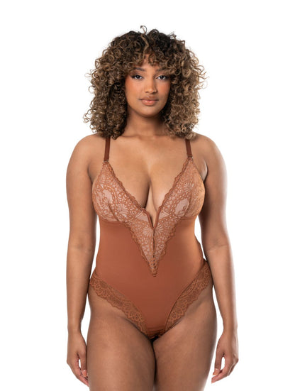 V-Neck Half Laced Bodysuit - HeyShape