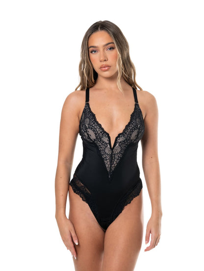 V-Neck Half Laced Bodysuit - HeyShape